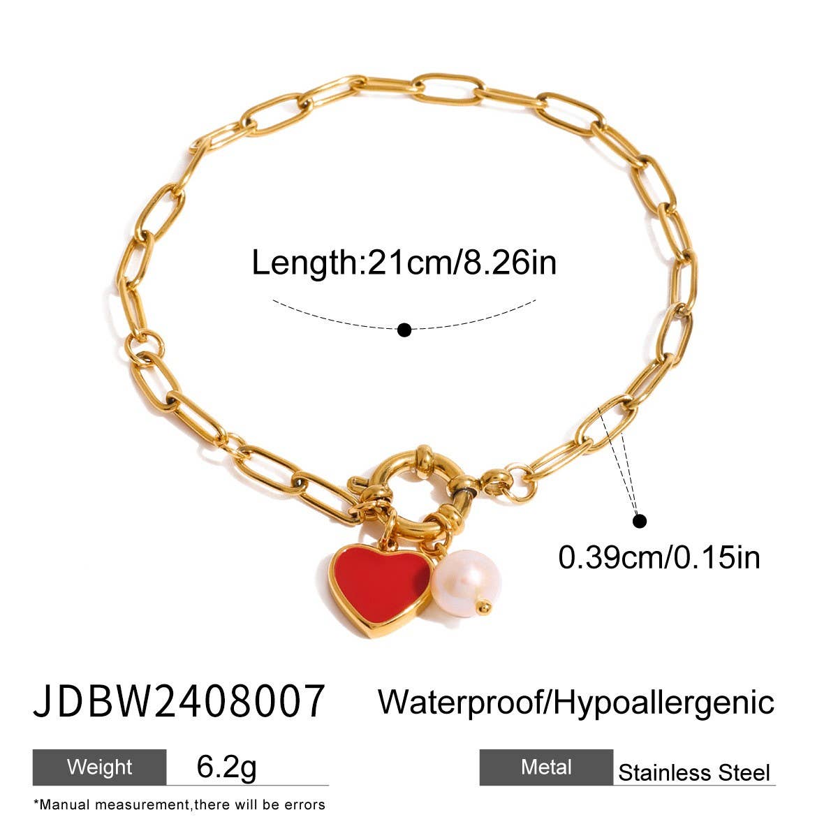 Luxury Pearl Bracelet with Enamel Heart Charm, 18K