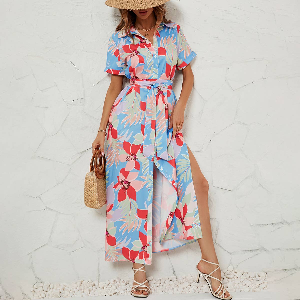 Printed lace-up dress with slit