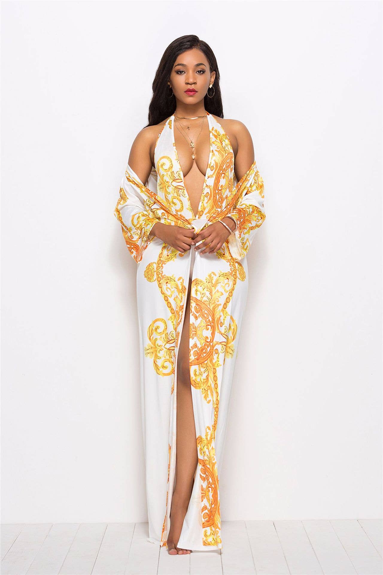 Sexy print cape deep V-neck bikini two-piece set