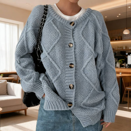 Solid-color diamond-check loose knitted cardigan
