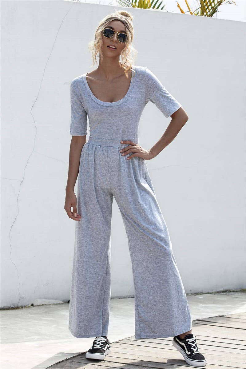 SOLID COLOR SHORT SLEEVED WIDE LEG LOOSE JUMPSUIT_CWSJS0428