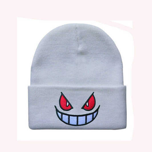 CWAH04354_EMBROIDERED CARTOON FACE KNIT BEANIE HAT