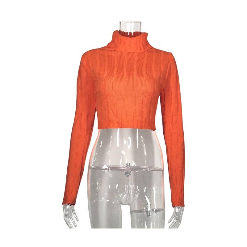 Solid-color high-neck long-sleeved knit sweater