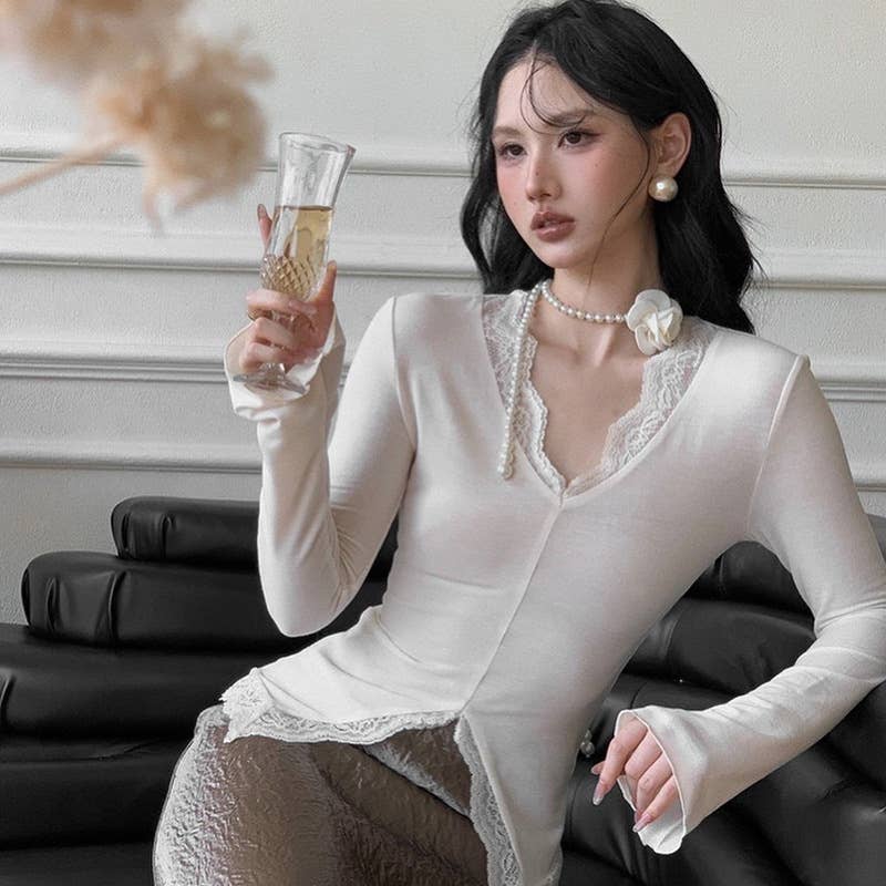 SOLID COLOR V-NECK SEXY LACE PATCHWORK TOP