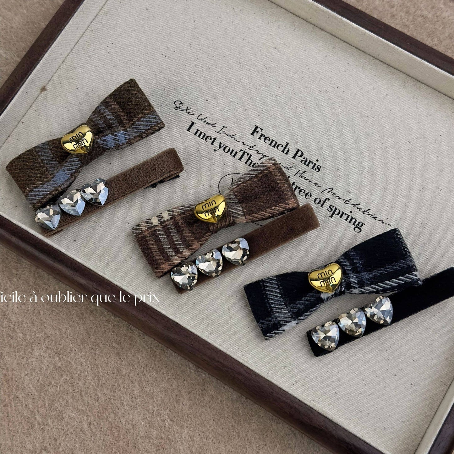 French fancy check rhinobrown heart bow hair clip