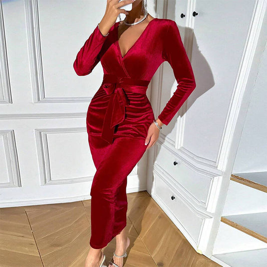 V-NECK ELEGANT DRESS VELVET MID-LENGTH DRESS