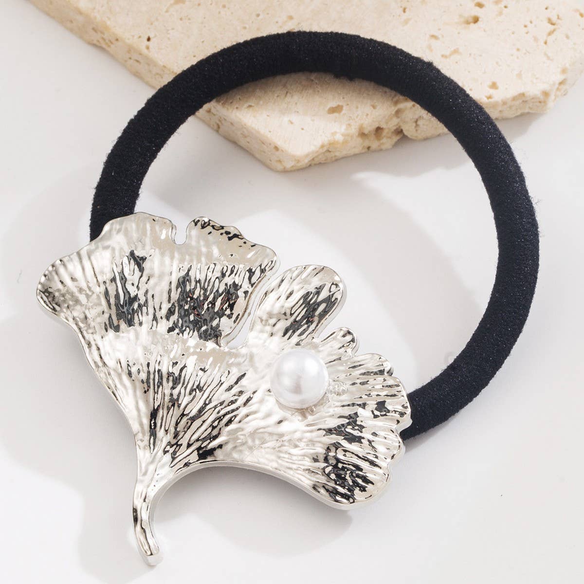 Metal Ginkgo Leaf Hair Tie with Pearl Accent
