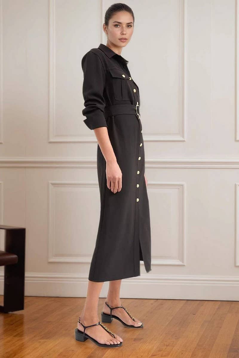 CWDMD6328_SINGLE-BREASTED METAL BUTTONED WORK SHIRT DRESS