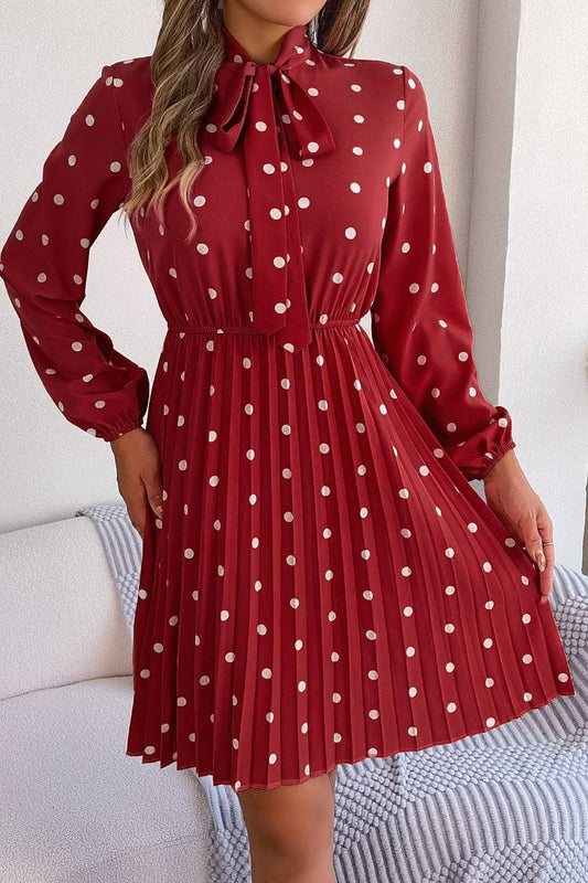 CWDSD4684_SUMMER POLKA-DOT WAIST LONG SLEEVE PLEATED DRESS