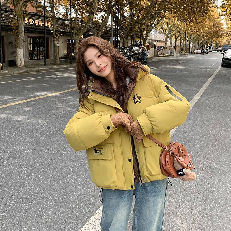 Solid color hooded warm winter padded jacket