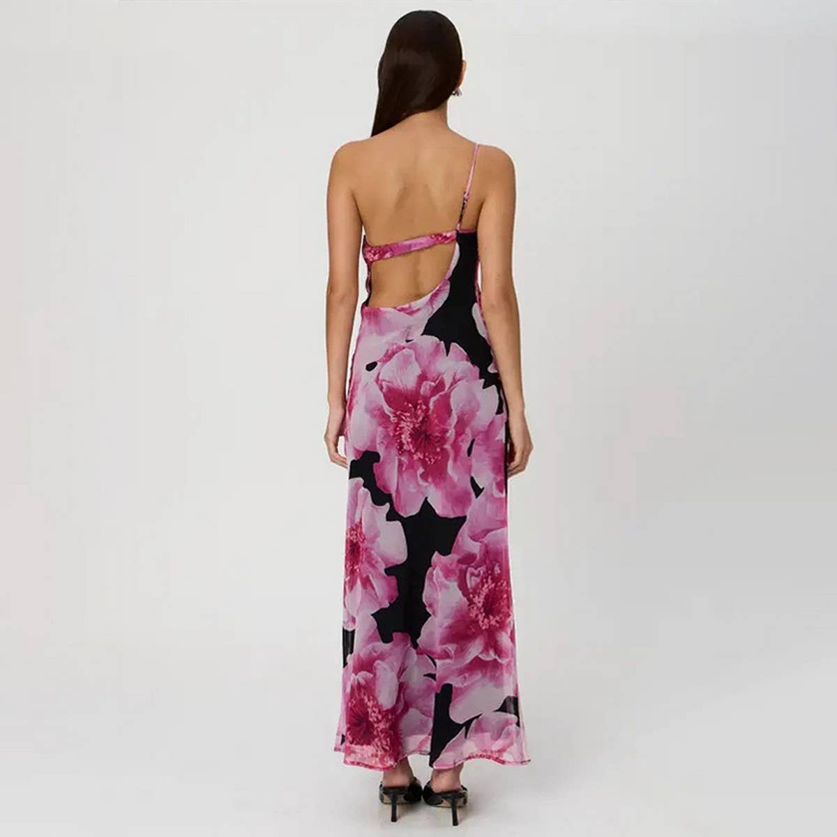 Vintage print slim-fit one-shoulder halter dress