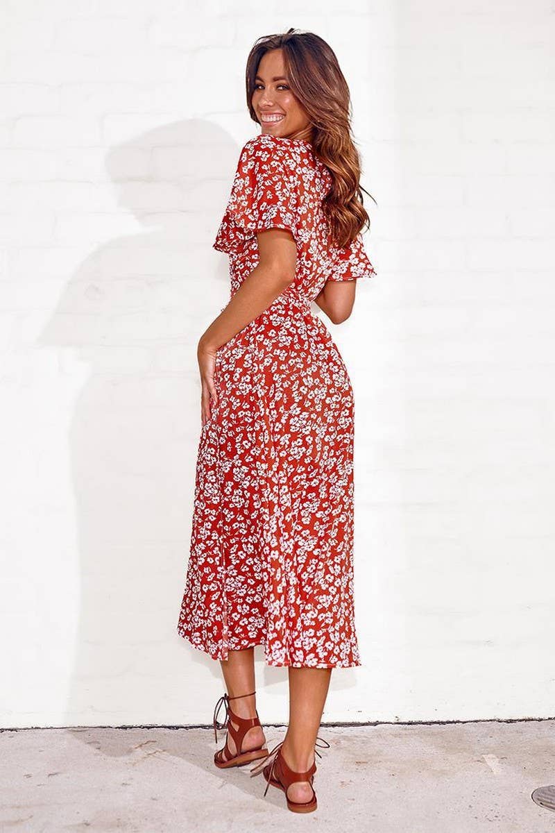 CWDMD4130_PRINTED V-NECK TIE HIGH WAIST MIDI DRESS