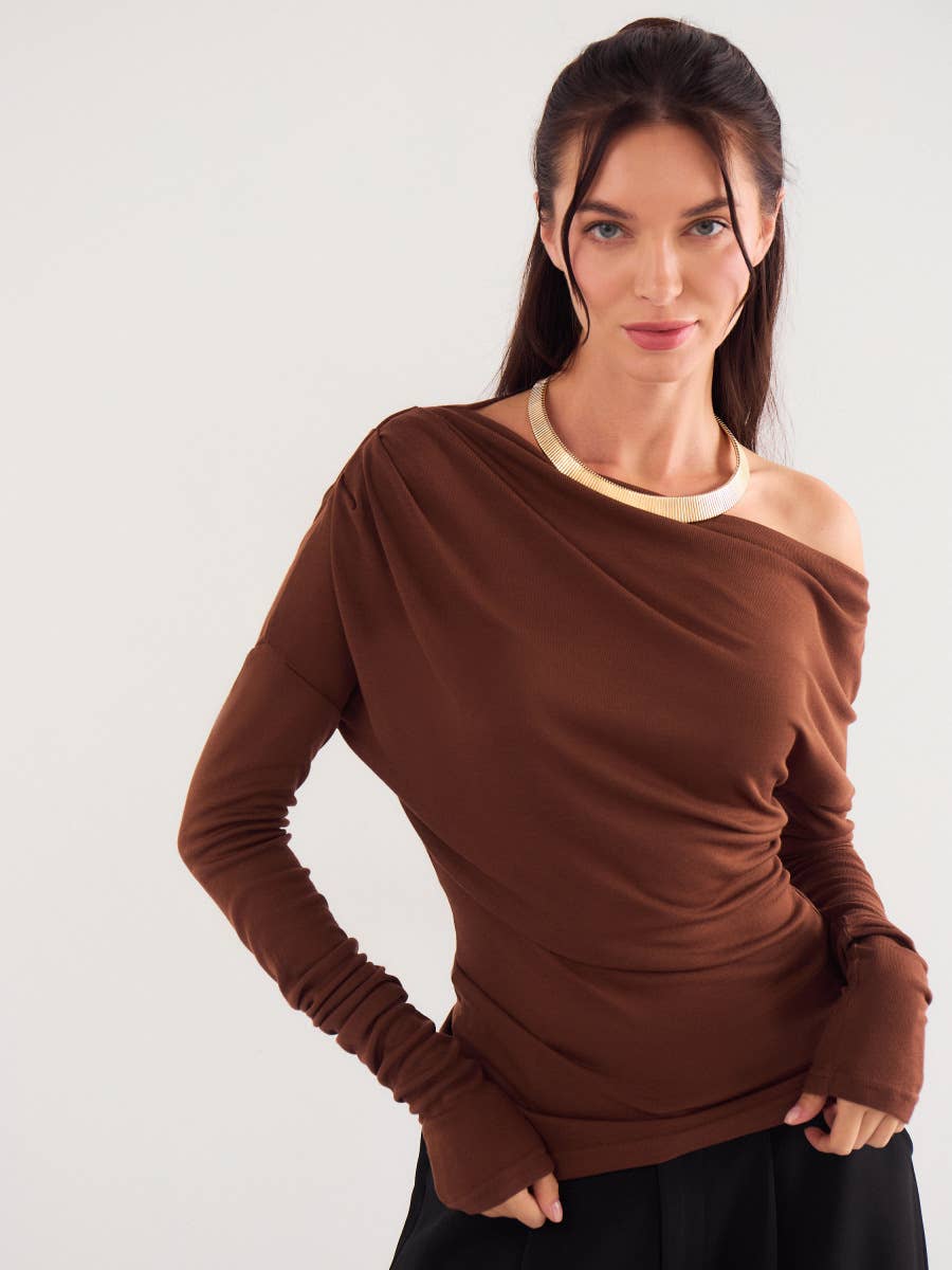 SOLID COLOR SLANT NECK OFF-THE-SHOULDER TOP