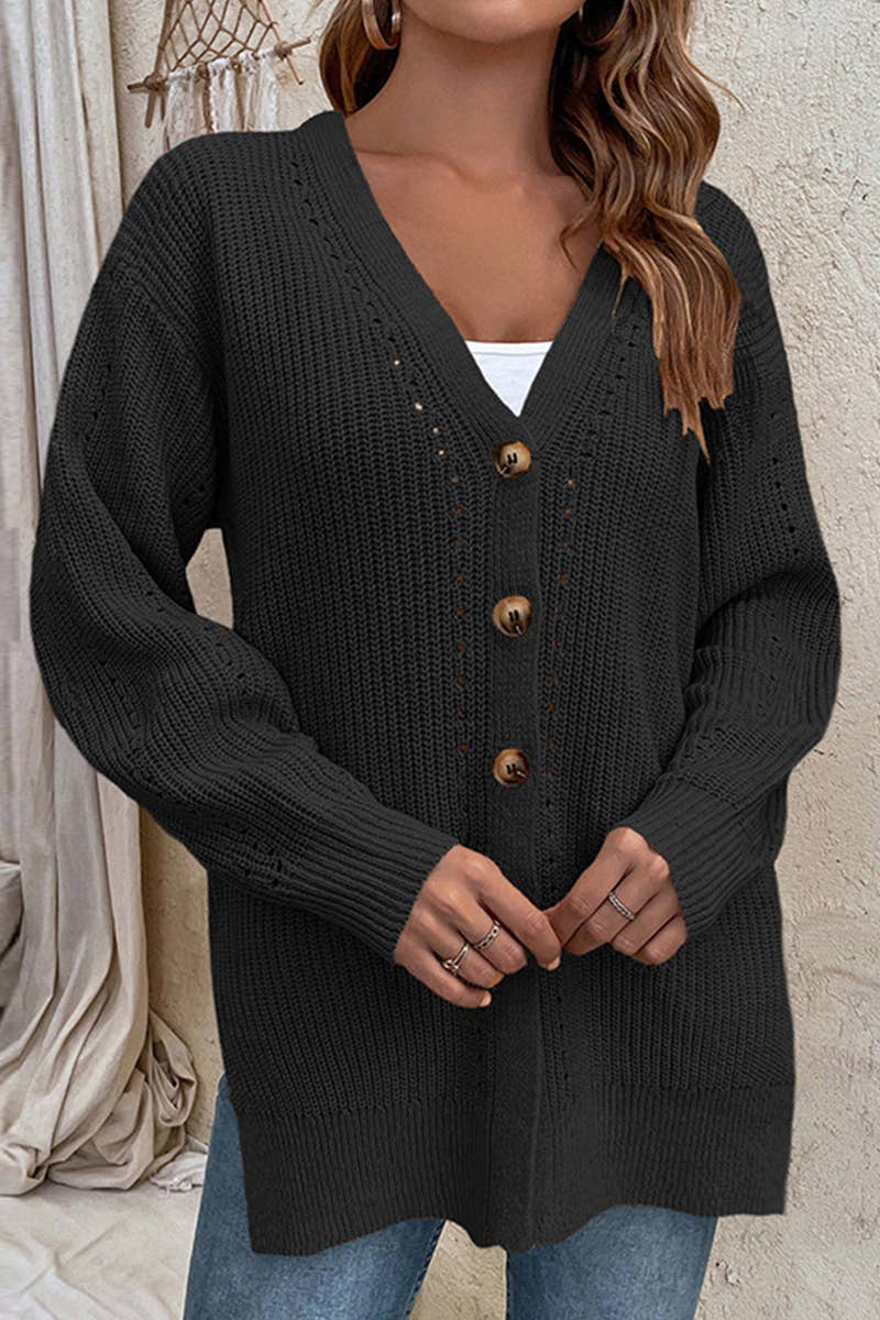 CWOCAL353 Button Down Sleeve V-Neck Cardigan Sweater