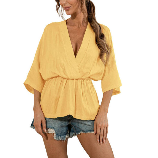 Solid color deep V-neck loose waist blouse