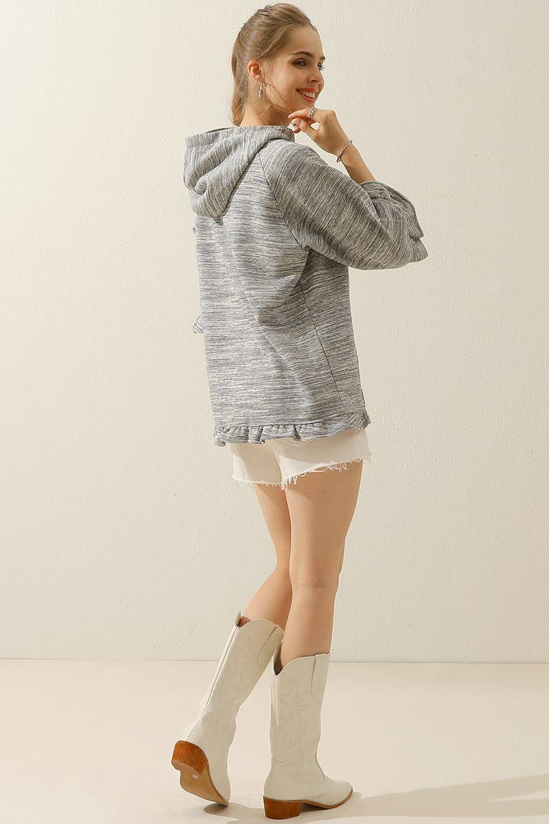 CWOHOL425_3/4 SLEEVE HOODIE SWEATSHIRT WITH KANGAROO POCKET