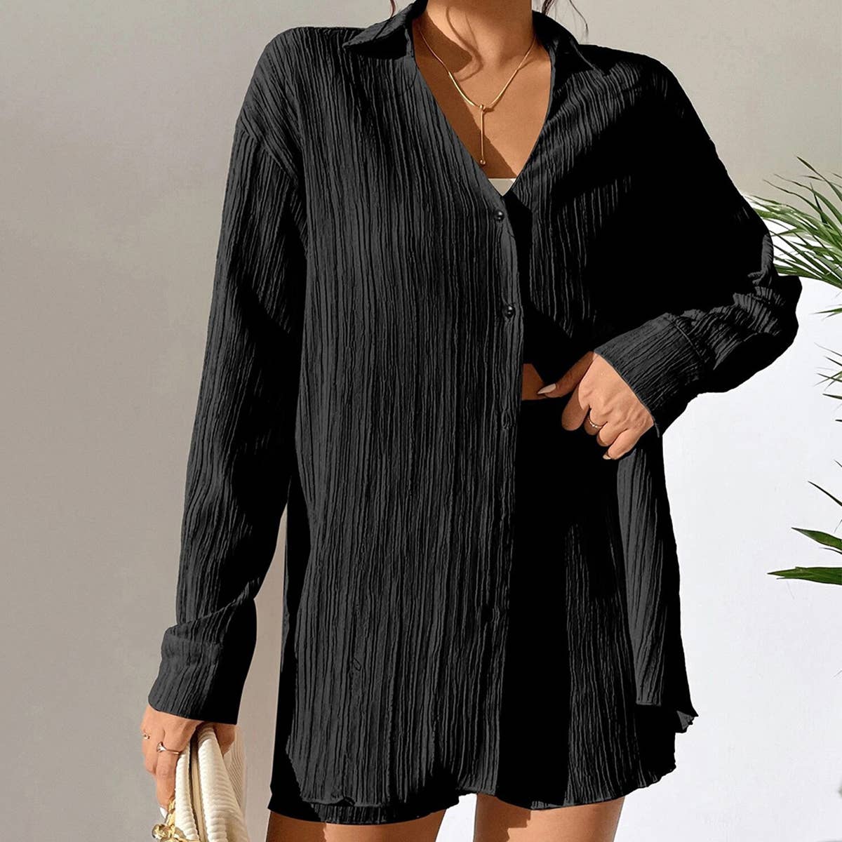 Pleated V-neck texture suit for women