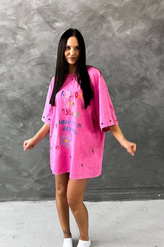 Cwtts1282_Letter Print Ripped Short Sleeve T-Shirt