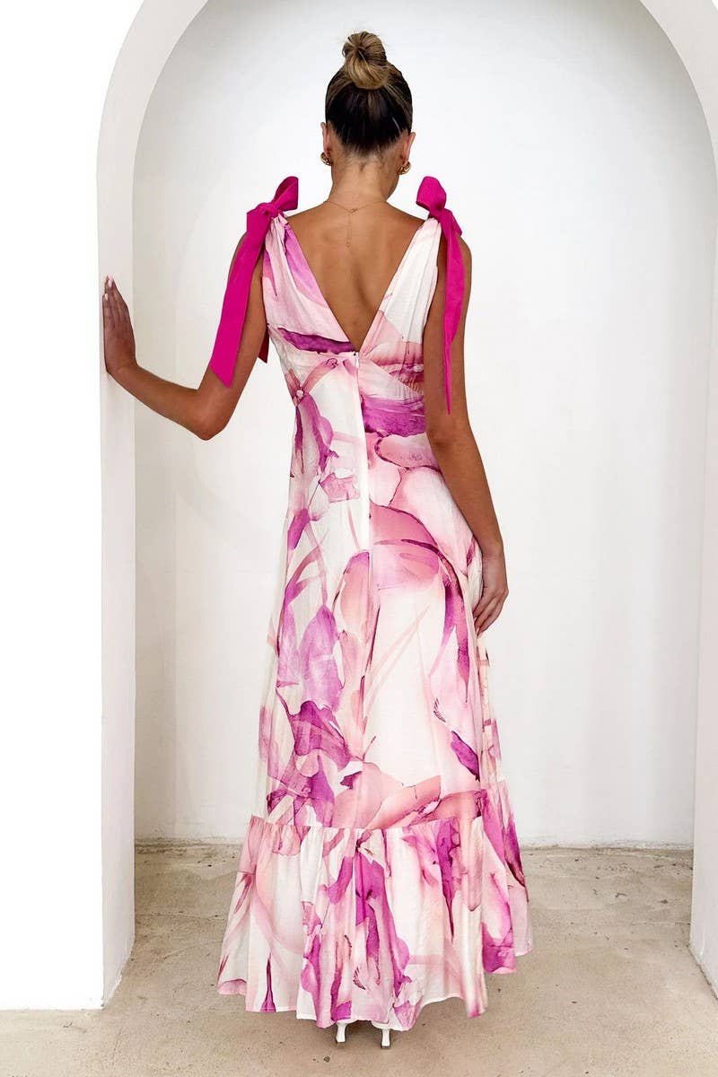 CWDMD5219_TIE-BACK V-NECK SLEEVELESS FLORAL MAXI DRESS