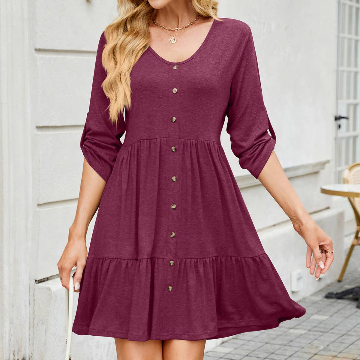 Solid color crew-neck button mid-length dress