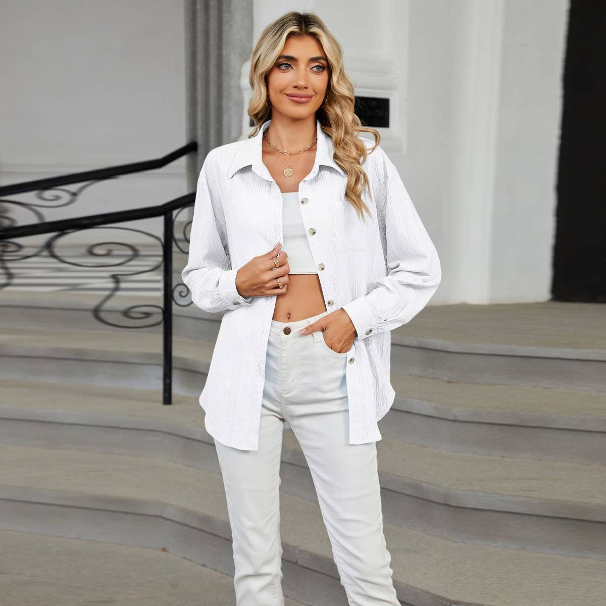 Long sleeve lapel button solid color shirt