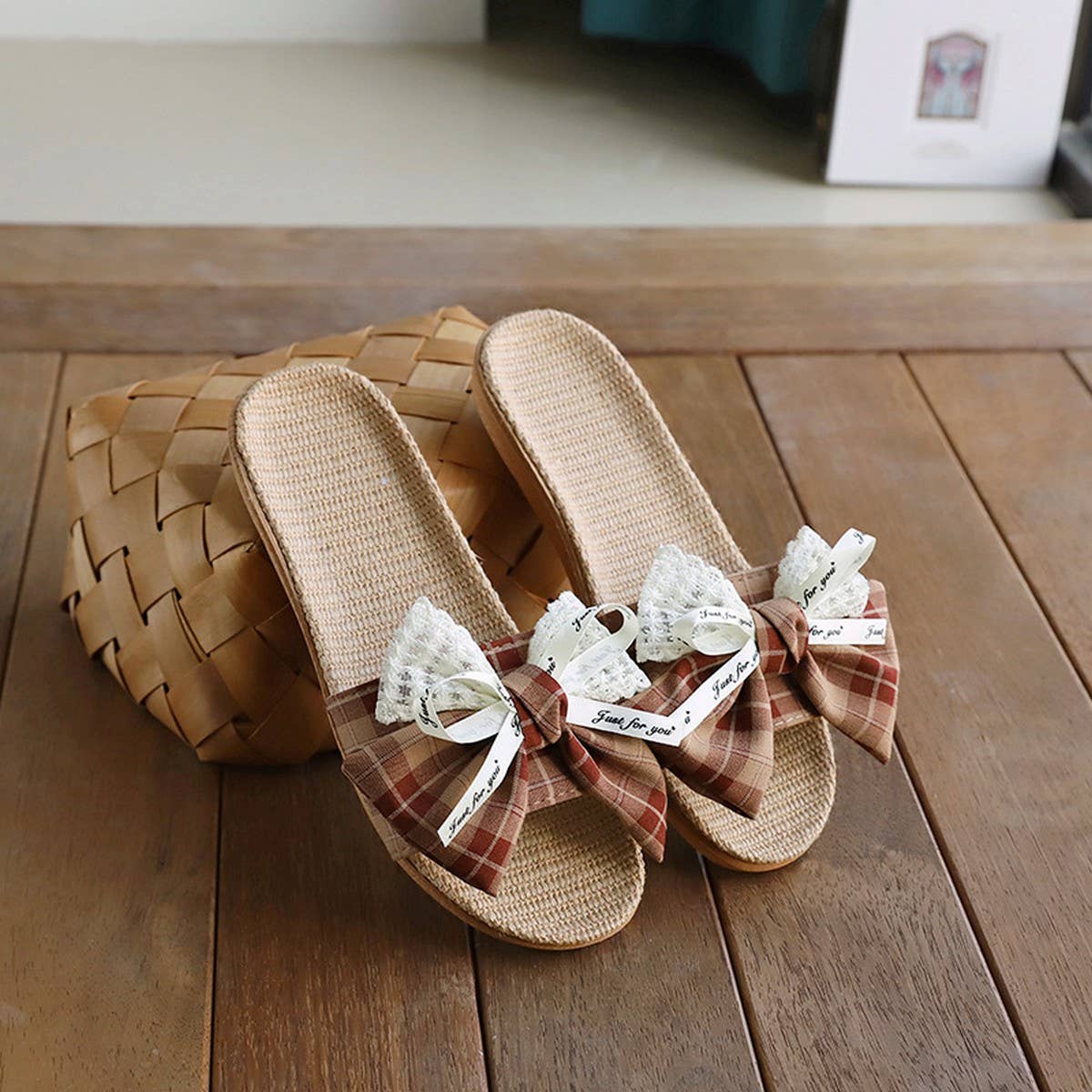 Fashion Linen Bow Slippers with Thick Sole_CWSHF0183