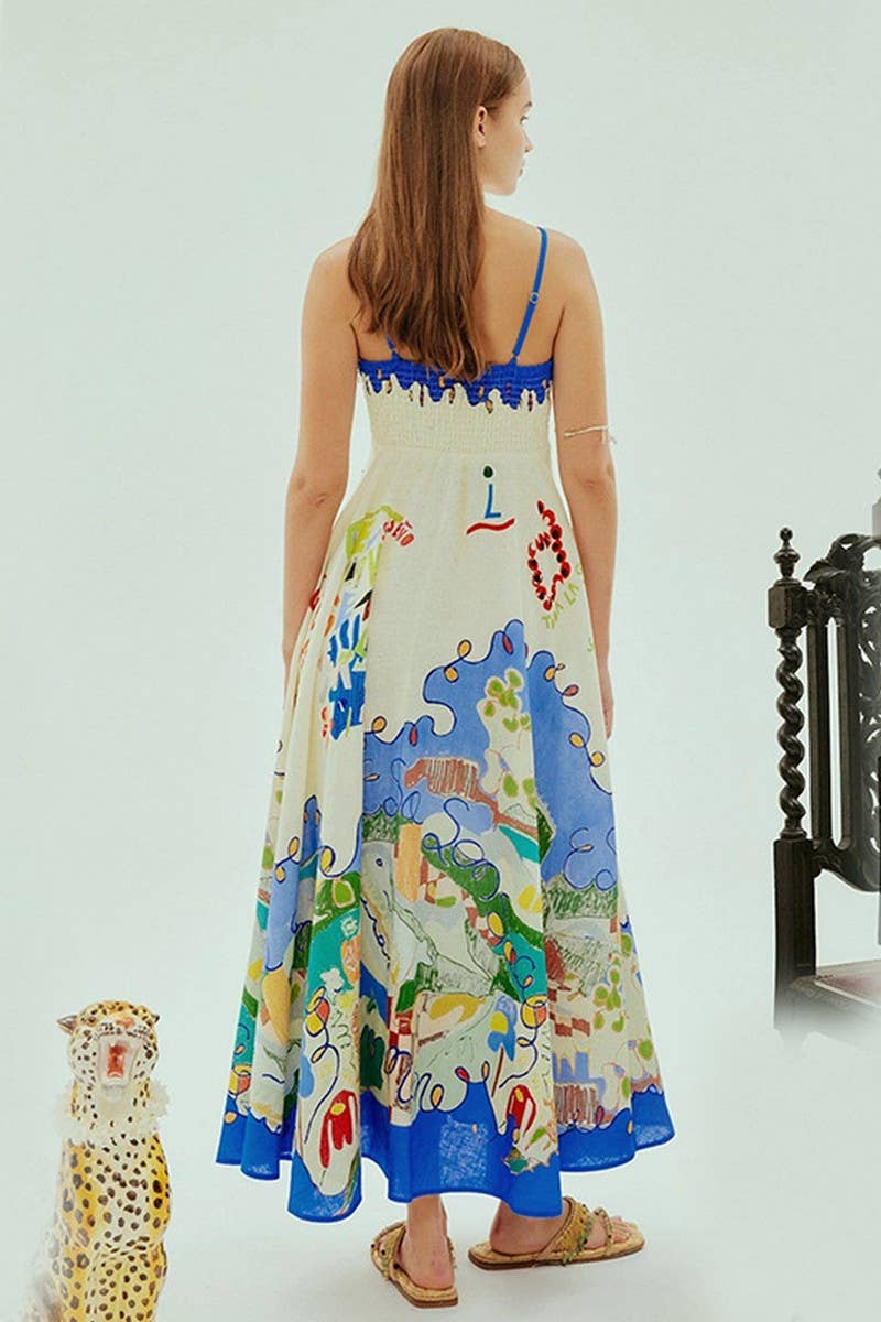 CWDMD5149_BACKLESS COTTON LINEN GRAFFITI MAXI DRESS