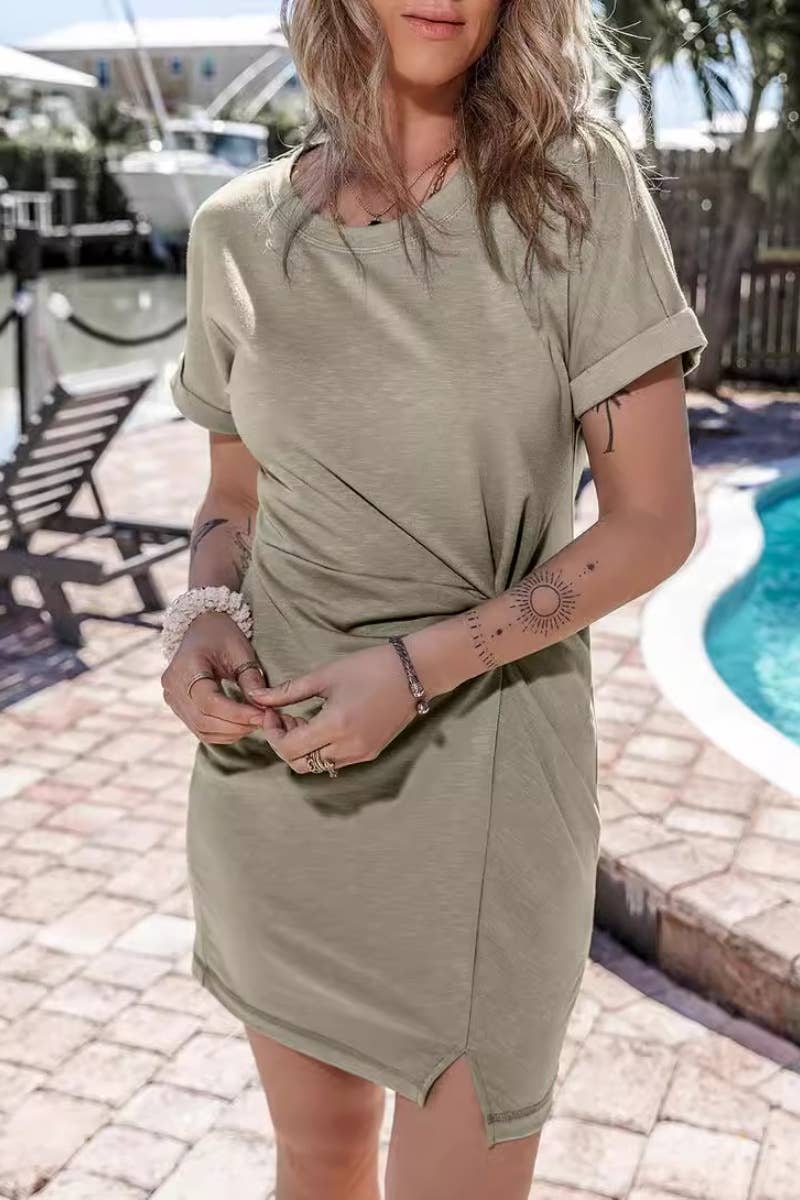 CWDSD5567_ROUND NECK SHORT SLEEVE SLIT DRESS SHORT