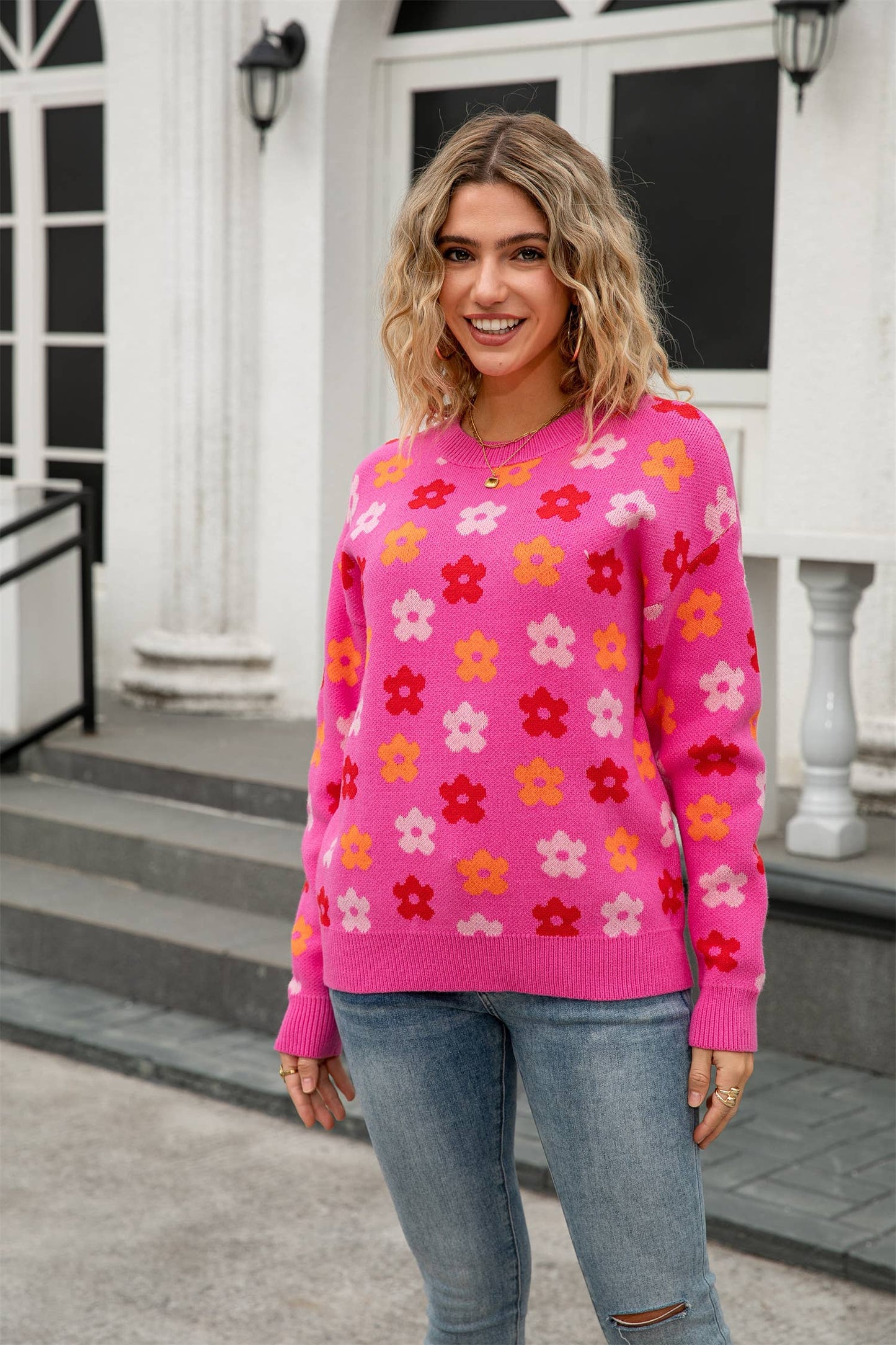 Versatile flower-printed warm threaded sweater
