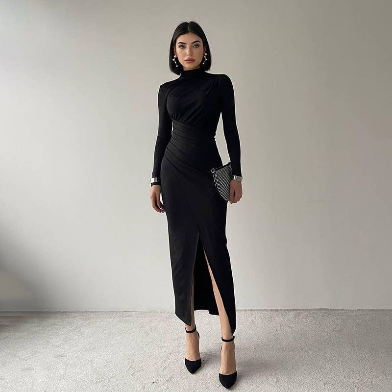 Slim-fit long-sleeved dress with half high neck and slit