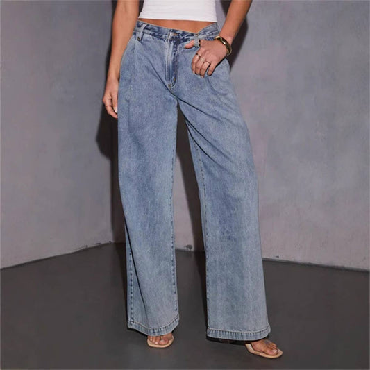 Wide-leg slimming loose floor-length jeanse