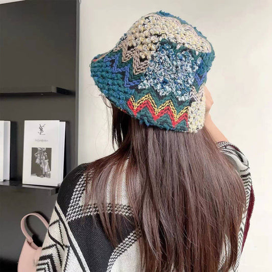 CWAH2213_ETHNIC RETRO COLOR MATCHING KNITTED BUCKET HAT
