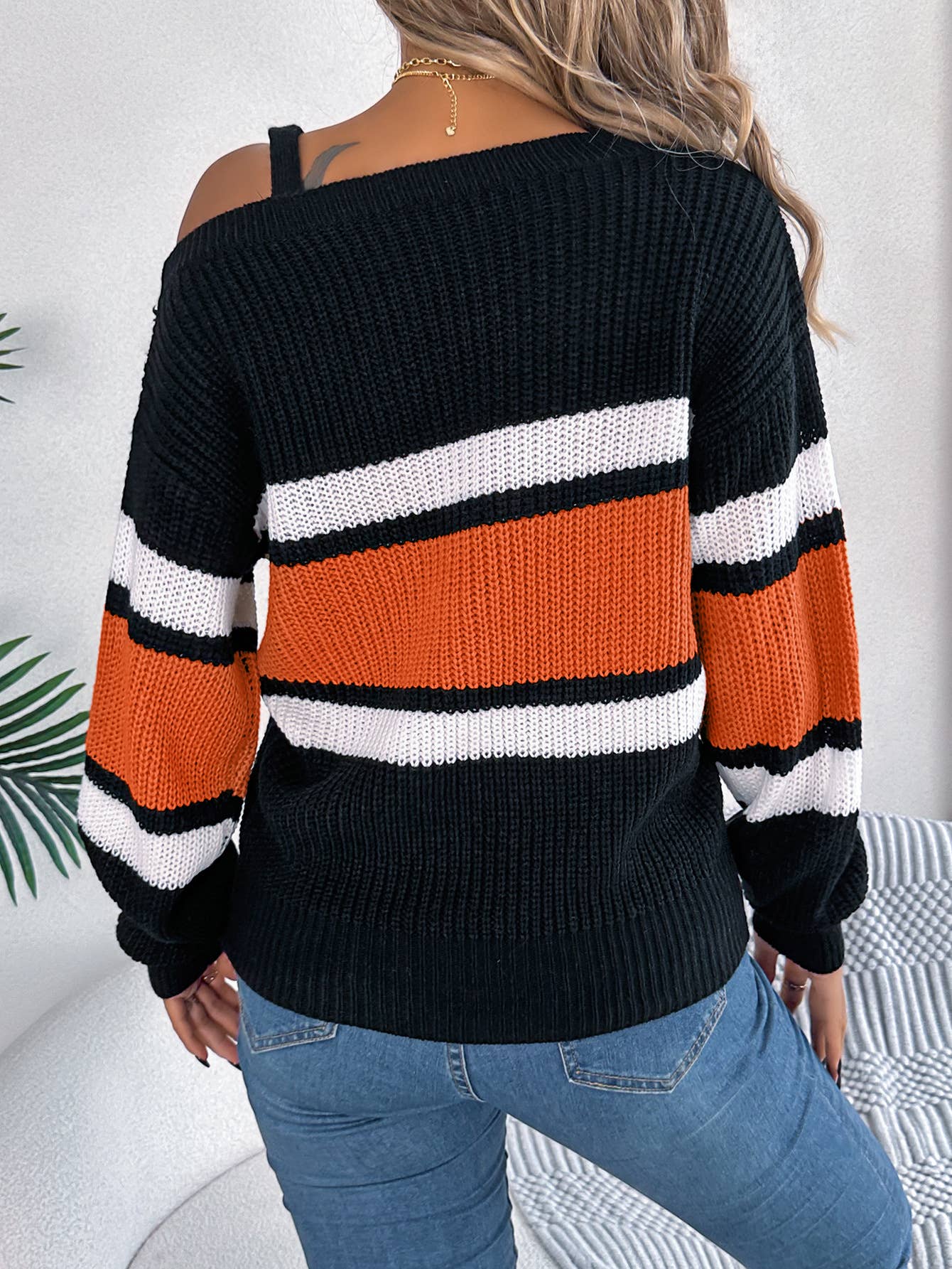STRIPED OFF-THE-SHOULDER PULLOVER SWEATER