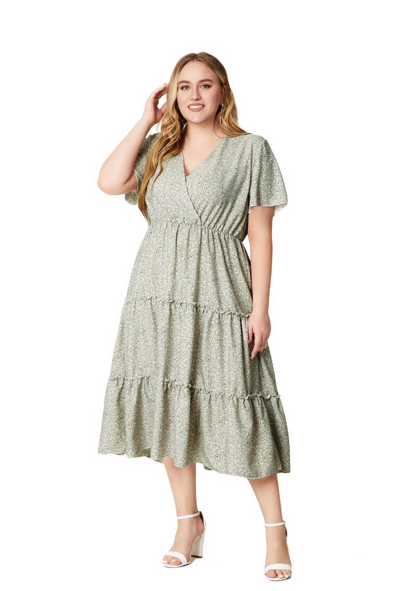 CWDMD3226_PLUS SIZE V NECK SHORT SLEEVE FLORAL DRESS