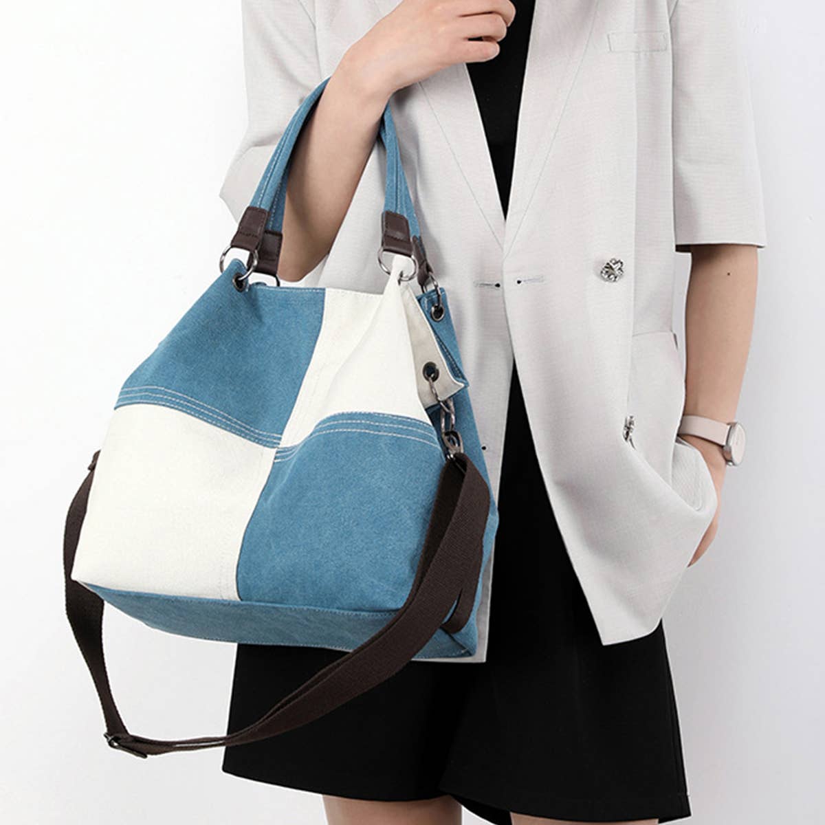 RETRO STITCHING CANVAS TOTE BAG_CWAB1256