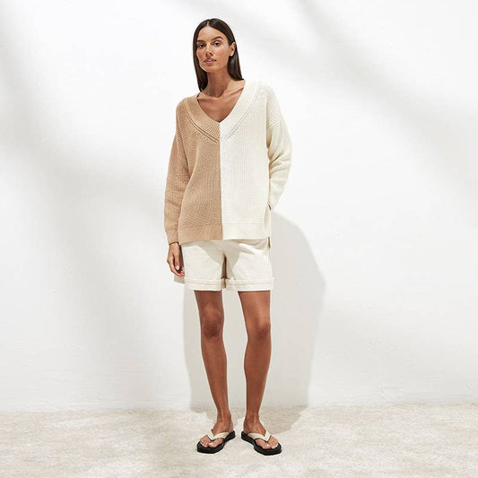 Patchwork V-Neck Slouchy Casual Sweater