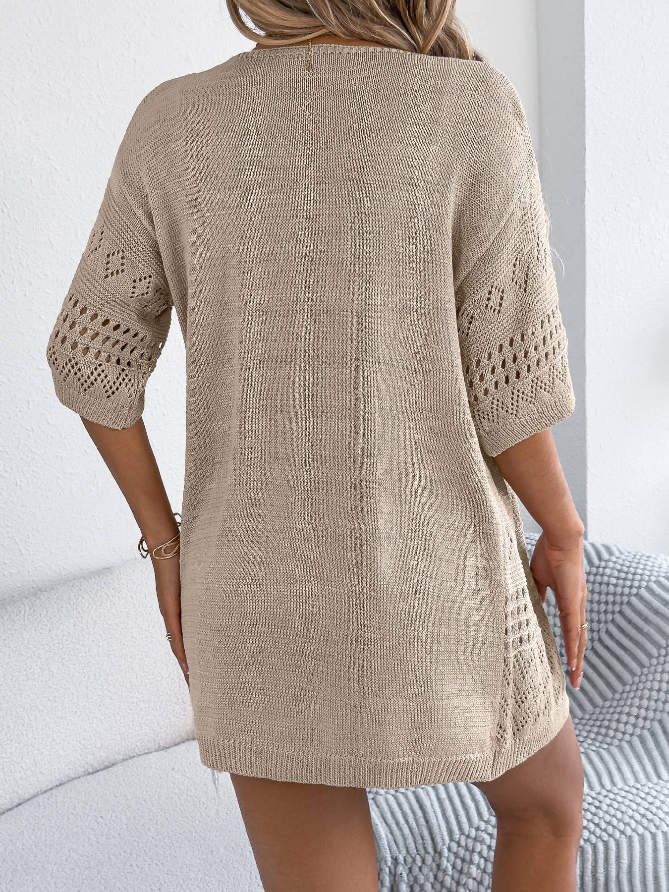 Solid-color hollowed-out mid-sleeve cardigan