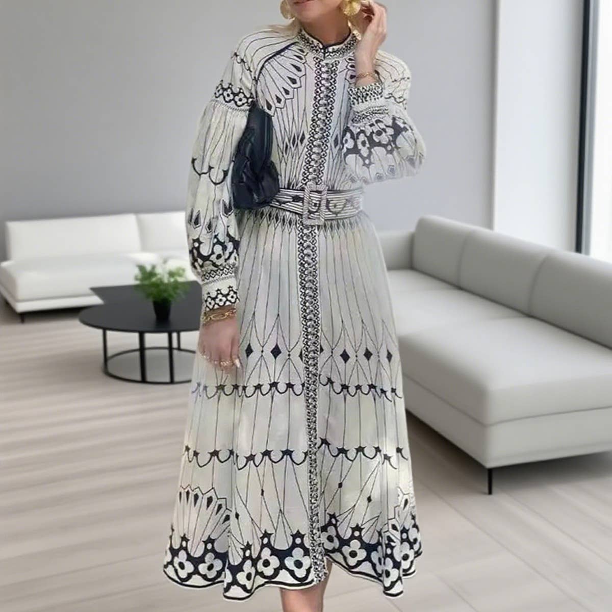 Loose casual retro lantern sleeve and belt dress