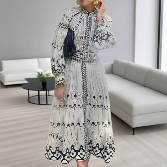 Loose casual retro lantern sleeve and belt dress