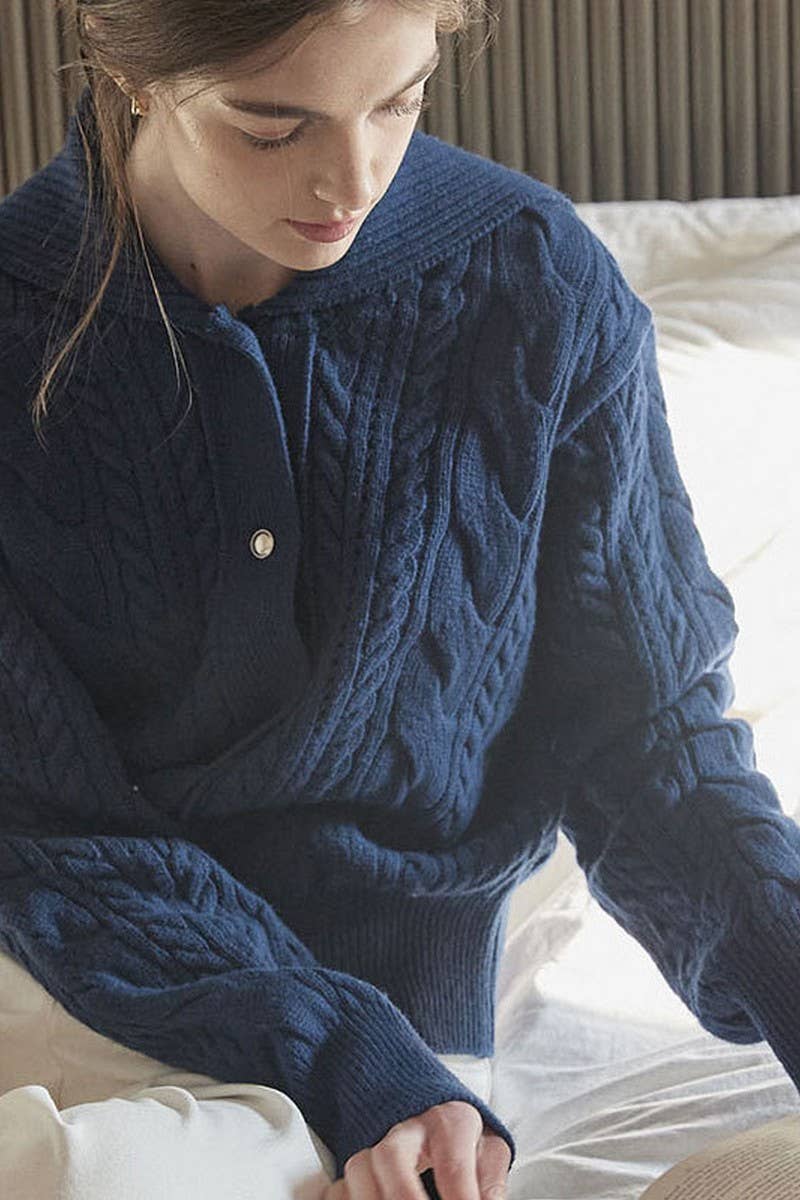 CWOCAL1812_NAVY COLLAR LONG SLEEVE TWIST BUTTON CARDIGAN