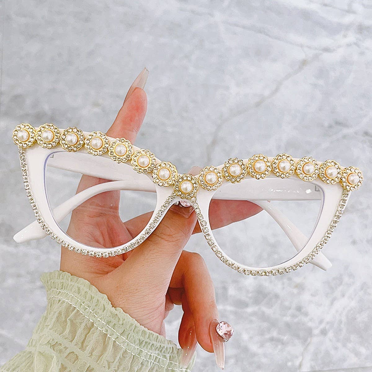 HANDMADE RHINESTONE PEARL RETRO CAT-EYE SUNGLASSES