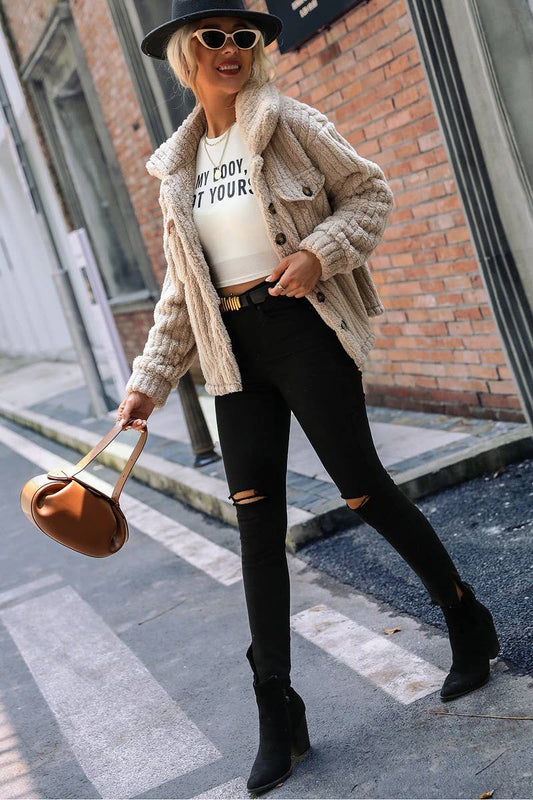 WOMEN POLO COLLAR LONG SLEEVE SOLID BUTTON JACKET_CWOCO0117