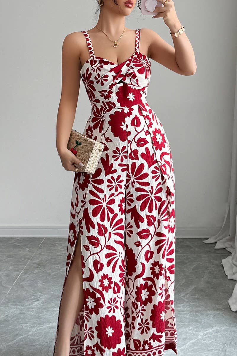 CWDHL0890_ELEGANT TWISTED PRINT SUSPENDERS WIDE-LEG JUMPSUIT