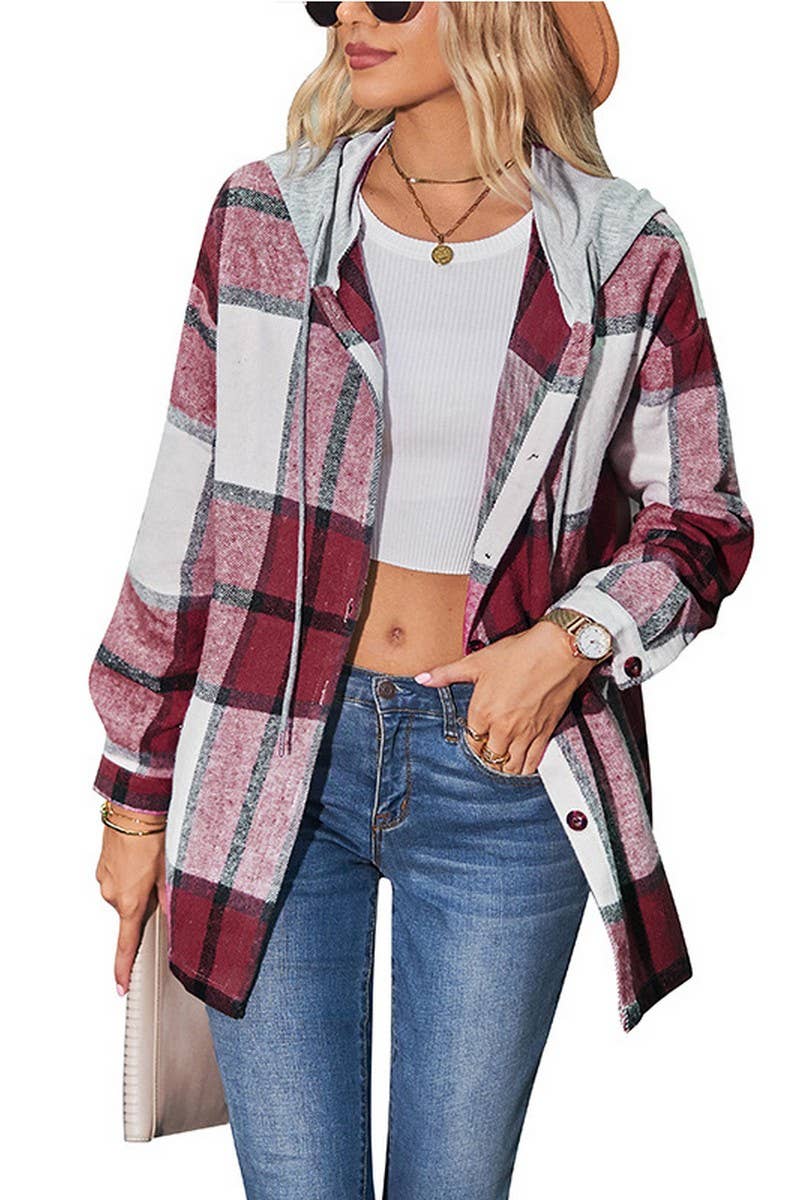 CWOCO1102_CASUAL LOOSE MID-LENGTH PLAID HOODED COAT