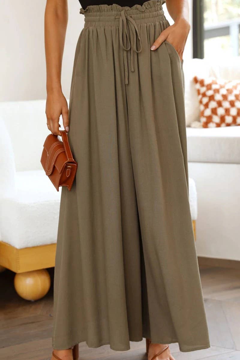 CWBLP0705_SOLID COLOR ELASTIC WAIST TIE WIDE LEG PANTS