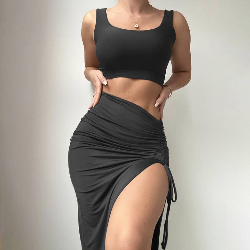 Slim-fit crop halter top sexy skirt two-piece set