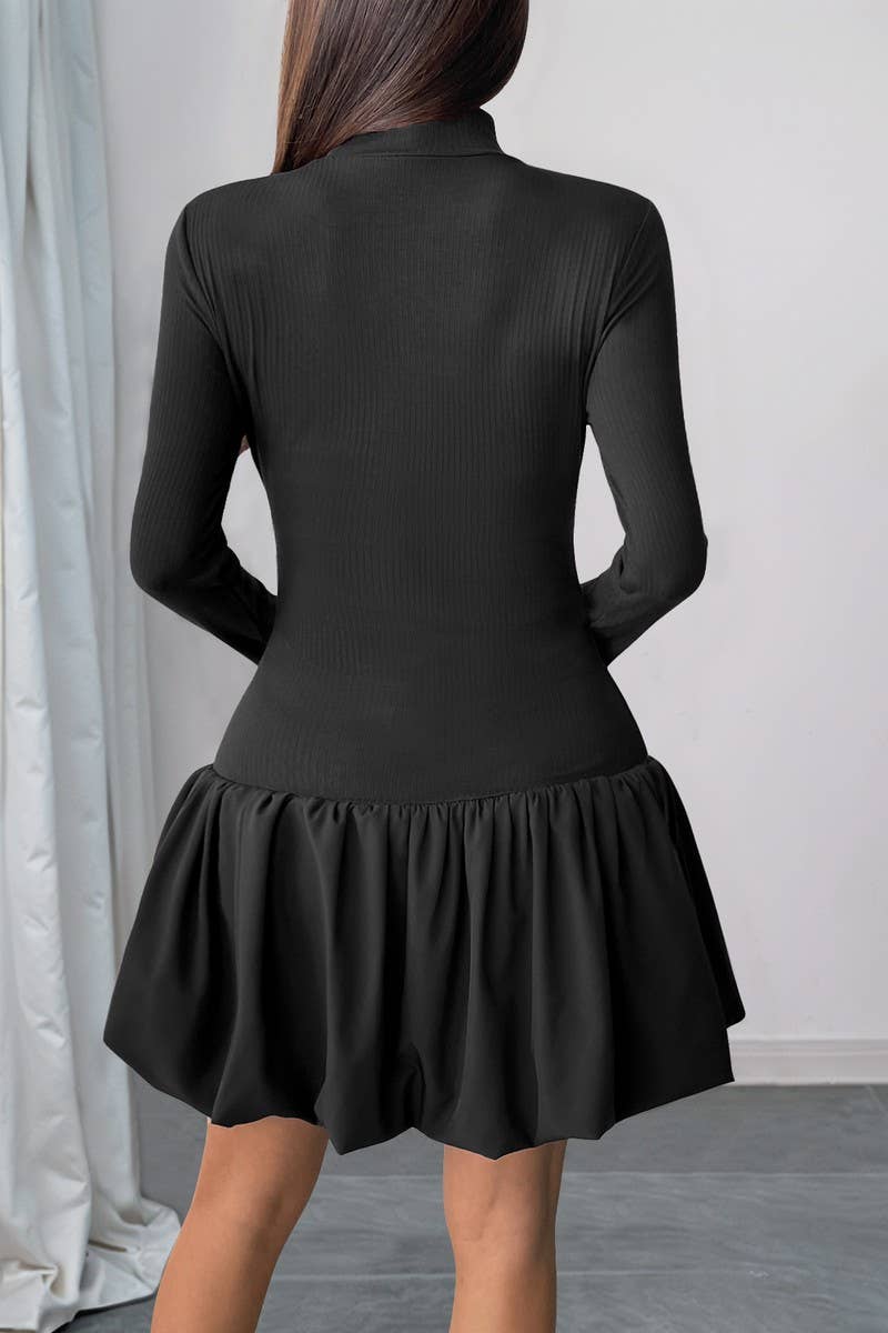 CWDSD10584_SLIM FIT TURTLENECK SOLID LONG SLEEVE PUFF DRESS