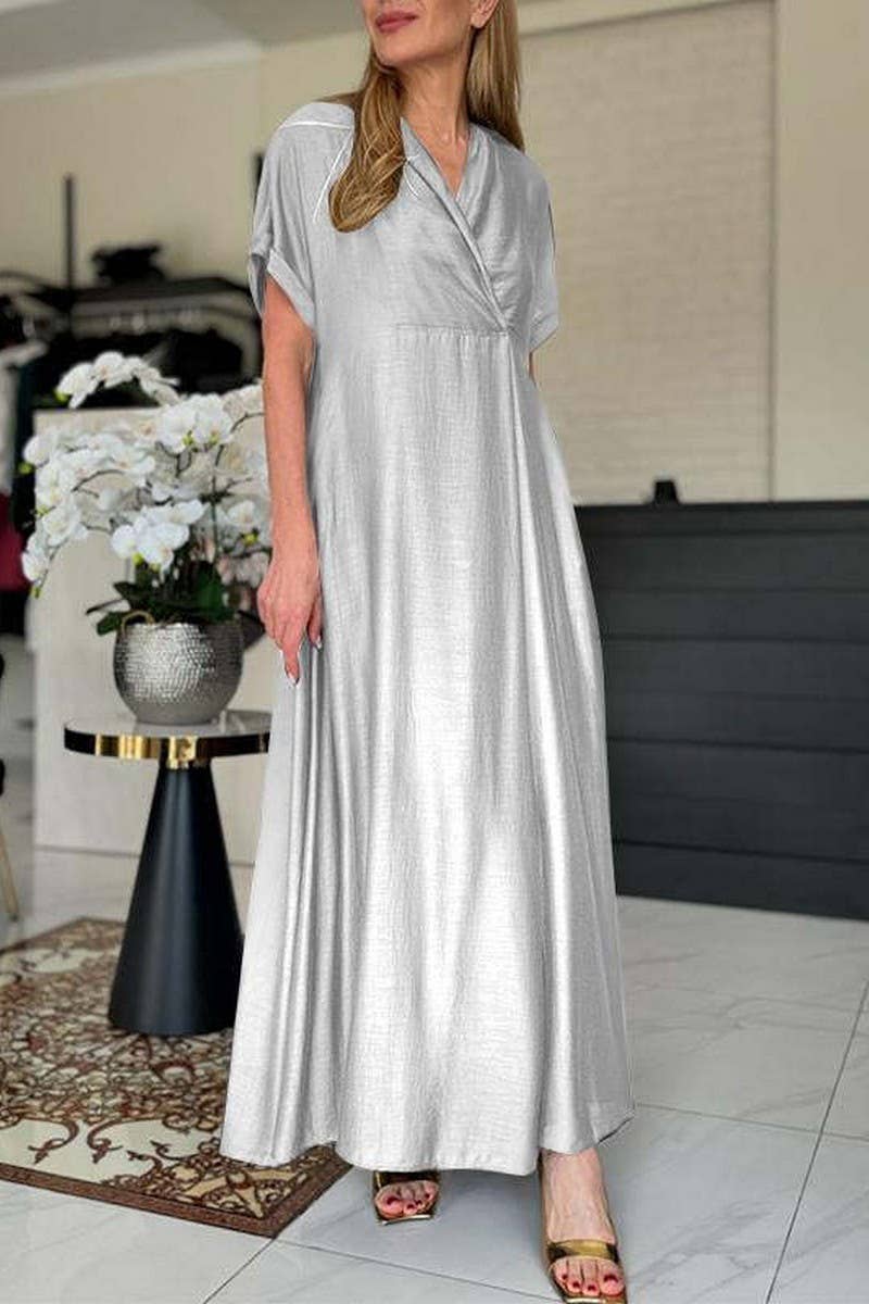 CWDMD4178_V_NECK SOLID COLOR SHORT SLEEVE LONG DRESS