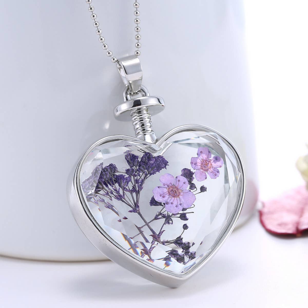 HEART CRYSTAL PLANT DRIED FLOWER NECKLACE