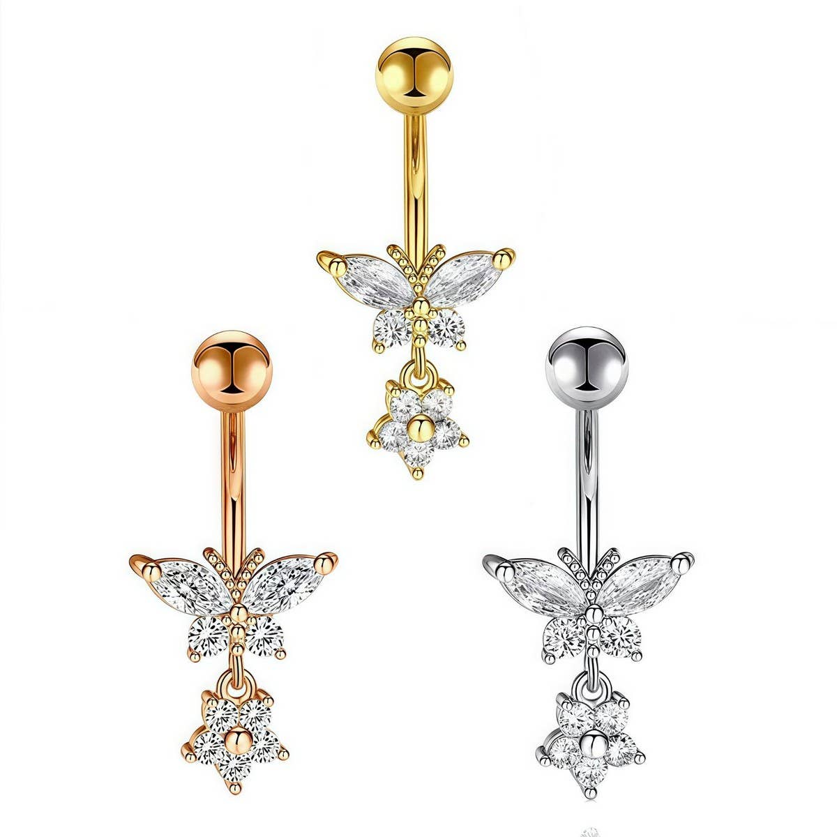 Zircon Butterfly Flower Belly Button Ring_CWMM9461